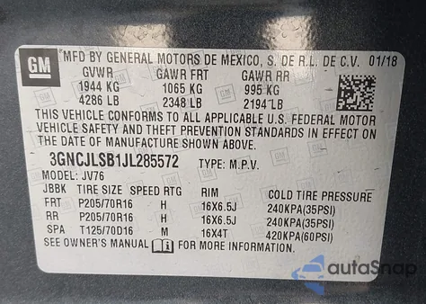 2018 Chevrolet Trax Lt z USA, uszkodzony, nr VIN 3GNCJLSB1JL285572